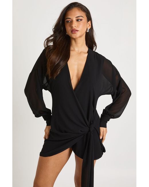 Boohoo Black Long Sleeve Wrap Mini Dress