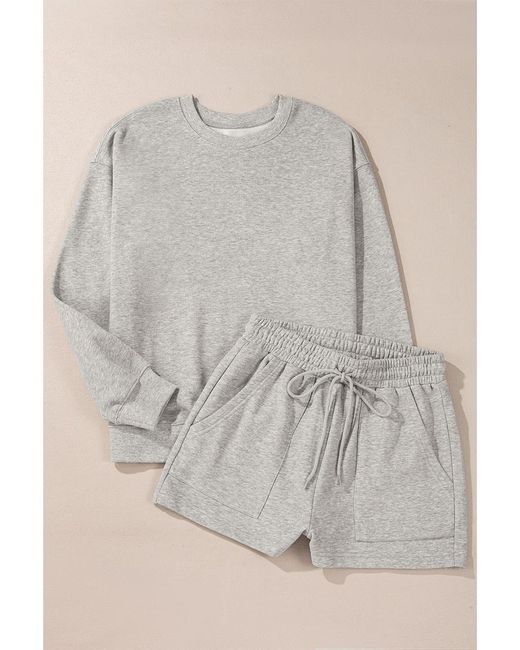 Azura Exchange Lichtgrijs Effen Pullover Sweatshirt En Shorts 2-delige Set in het Gray