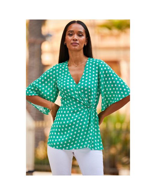 Sosandar Green Spot Print Wrap Front Top Viscose