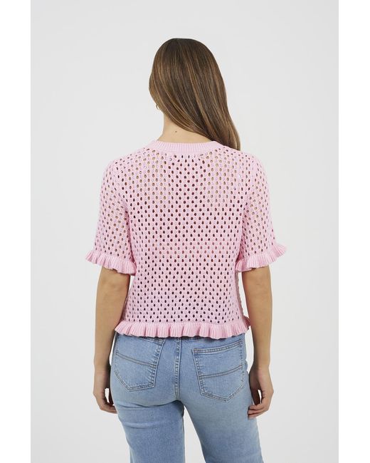 Brave Soul Pink Open Knit T Shirt With Frill Hem