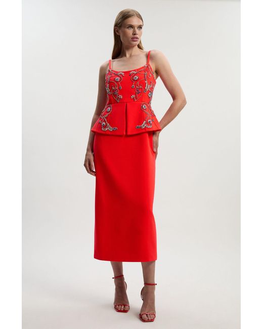 Karen Millen Red Crystal Embellished Peplum Bandeau Pencil Midi Dress