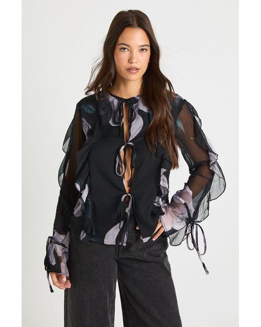 Boohoo Black Floral Chiffon Tie Front Blouse