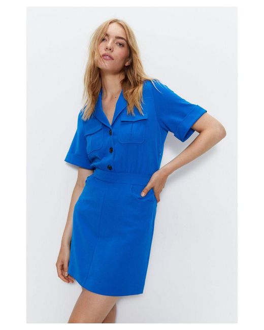 Warehouse Blue Tailored Utility Detail Mini Shirt Dress