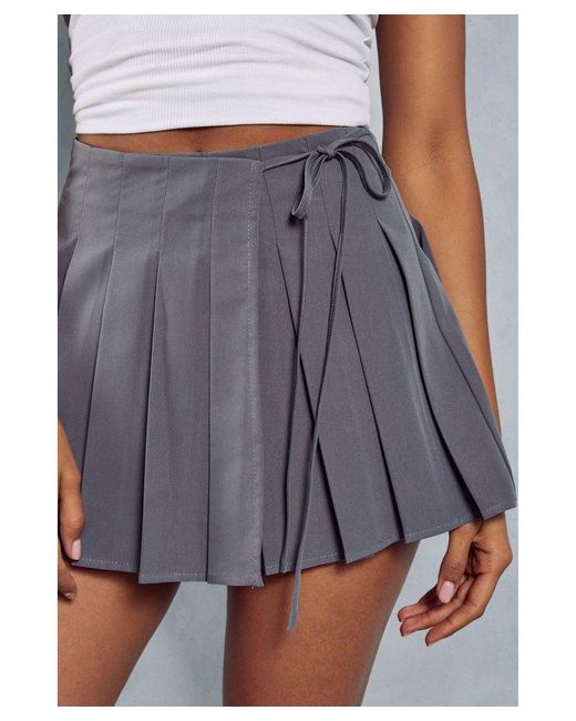 MissPap Gray Tie Detail Pleated Woven Mini Skirt