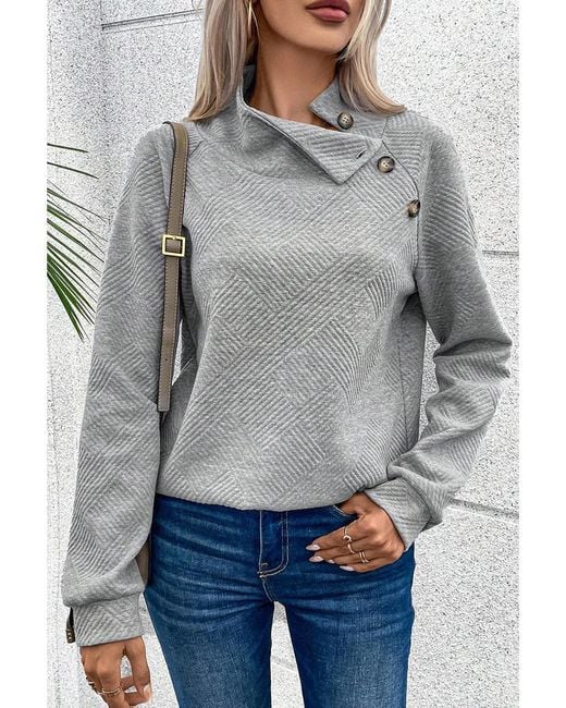 Azura Exchange Grijze Asymmetrische Knopen Detail Hoge Hals Textured Sweatshirt in het Gray