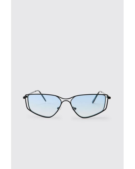BoohooMAN Blue Vintage Wire Frame Geometric Sunglasses for men