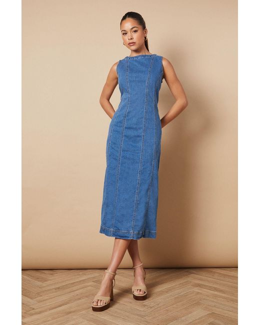 Oasis Blue Sleeveless Denim Maxi Dress With Seam Detail