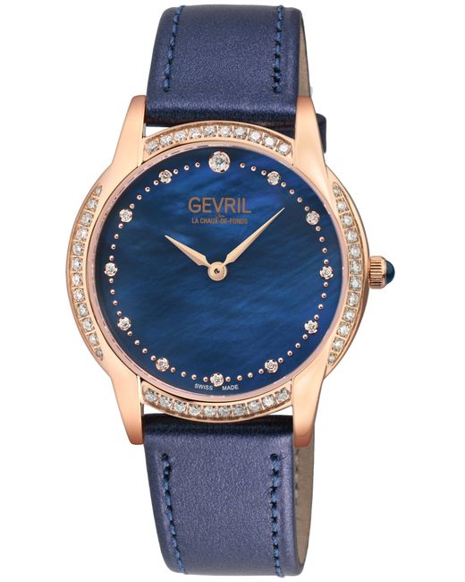Gevril Blue Airolo Swiss Diamond Mop Dial Genuine Italian Croc Leather Watch