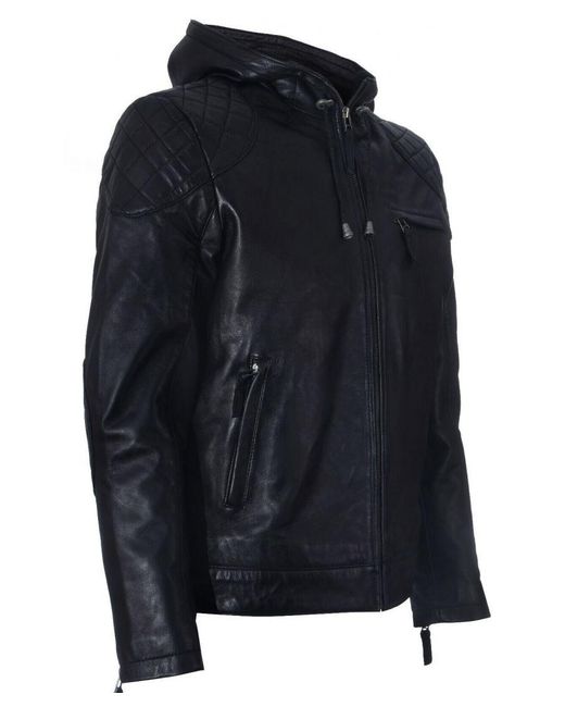 Infinity Leather Blue Zipped Hooded Bomber Biker Jacket for men