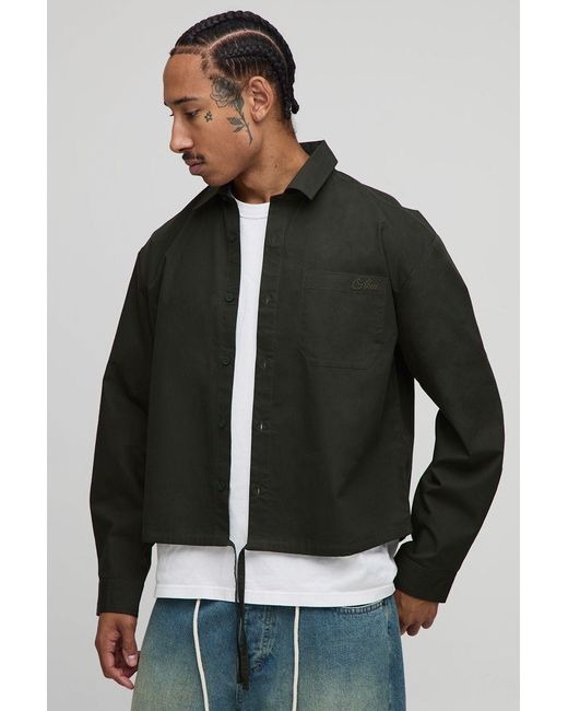 BoohooMAN Black Long Sleeve Embroidered Boxy Oversized Bungee Hem Poplin Shirt for men