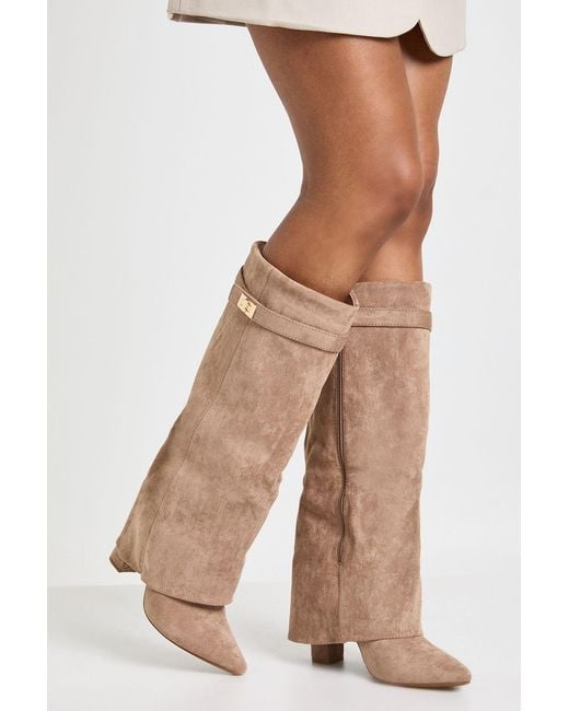 Boohoo Natural Faux Suede Knee High Fold Over Buckle Boots