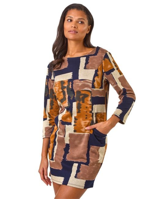 Roman Orange Geometric Print Pocket Shift Dress