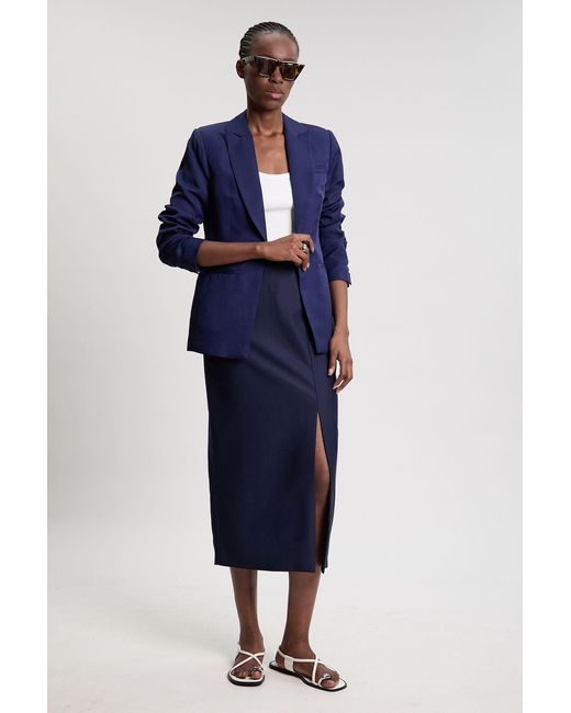 Karen Millen Blue Tailored Satin Pencil Midi Skirt