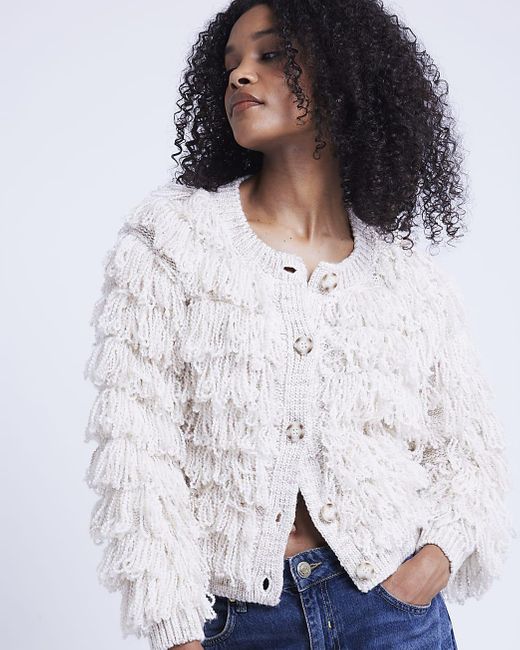 River Island White Fringe Button Up Cardigan