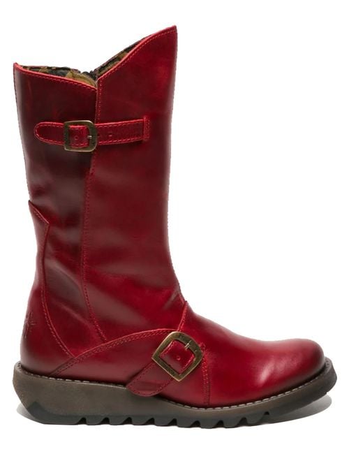 Fly London Red Mes 2 Wedge Heel Buckle Mid-Calf Leather Zip Platform Boots Material_Real_Leather