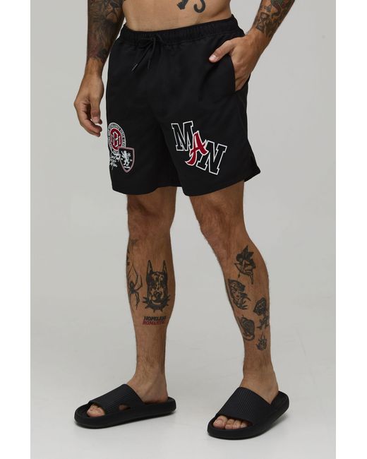 BoohooMAN Black Varsity Badge Mid Length Swim Short for men