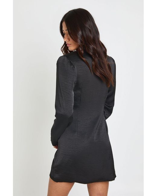 Boohoo Black Tailored Satin Plunge Button Hem Detail Blazer Dress