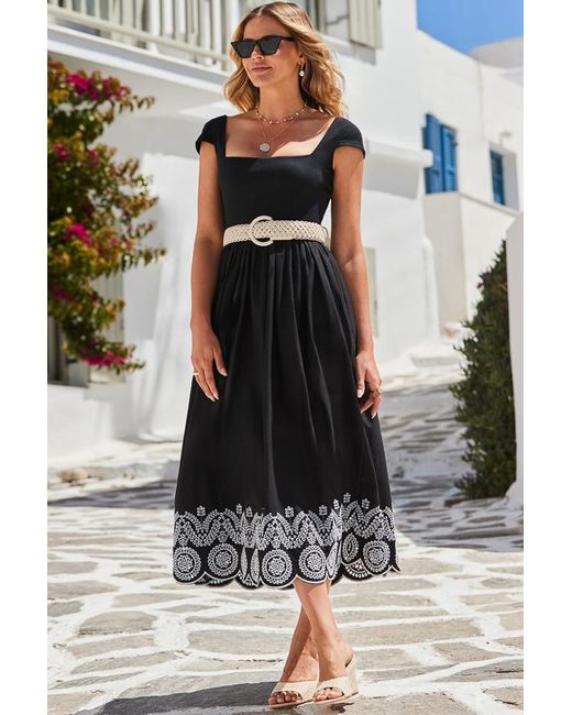 Sosandar Black Embroidered Hem Square Neckline Midi Dress