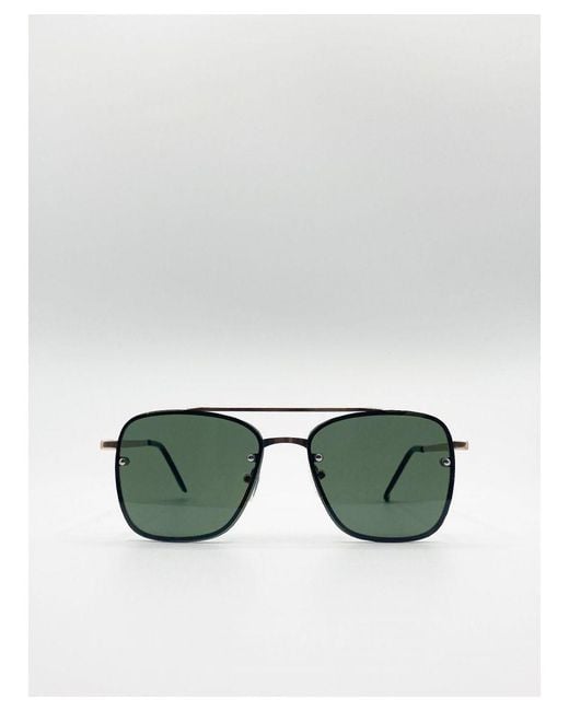 SVNX Green Metal Frame Square Aviator Style Sunglasses