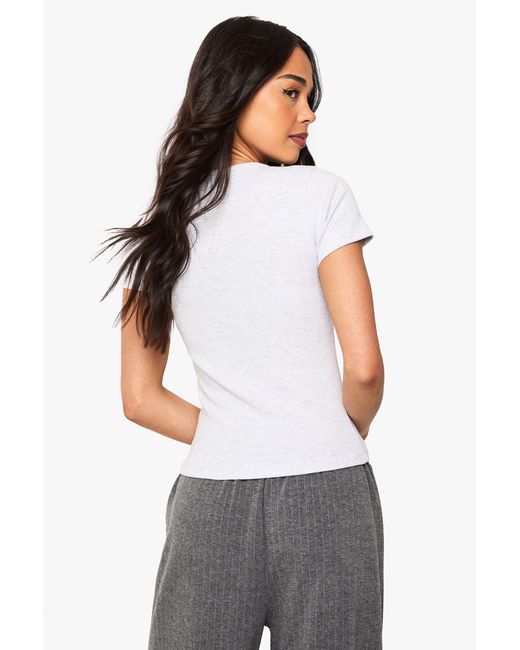 Boohoo White Rib Popper Neckline Crew Neck Top