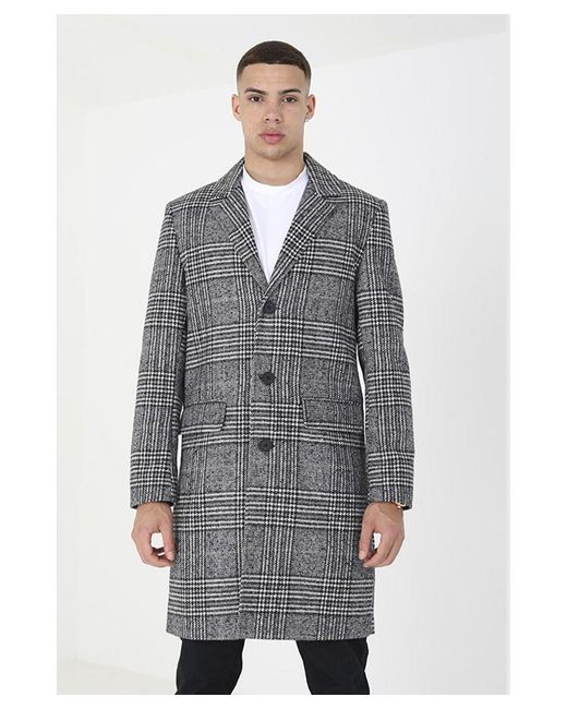 Brave Soul Gray 'Augustine' Checked Single Breasted Formal Coat Polyester/Wool for men