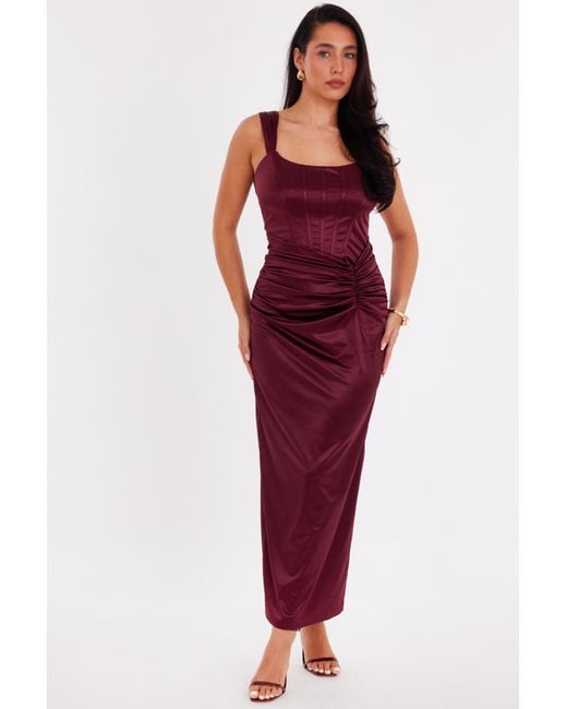 Quiz Red Burgundy Square Neck Satin Midaxi Dress