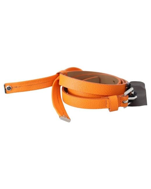 Ermanno Scervino Orange Tangerine Leather Slim Silver Metal Buckle Belt