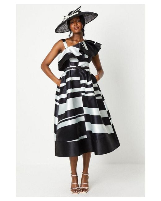 Coast White Lisa Tan Geo Stripe Monochrome Ruffle Shoulder Midi Dress