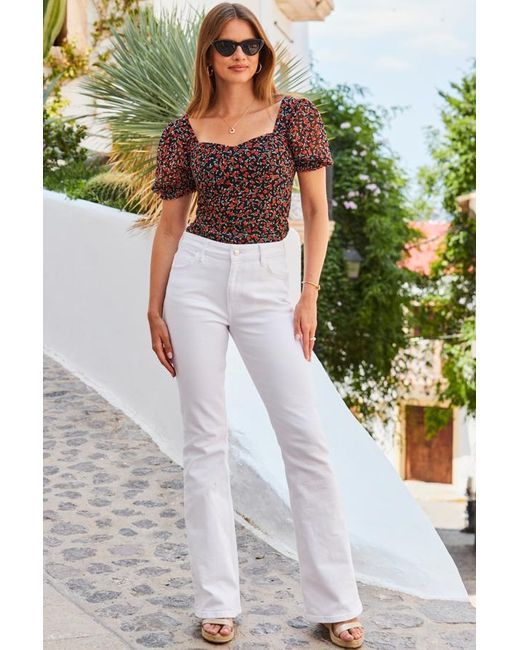 Sosandar White Ditsy Print Sweetheart Neckline Top Denim
