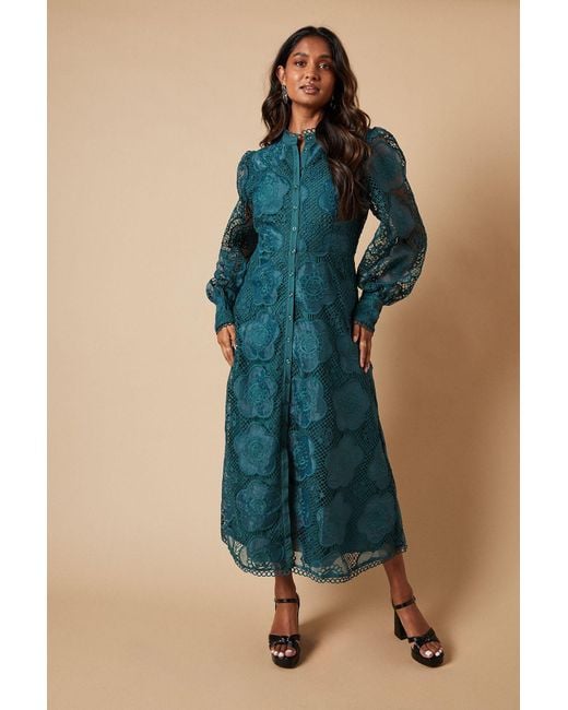 Oasis Premium Organza Lace Trim Midi Shirt Dress in Blue | Lyst UK