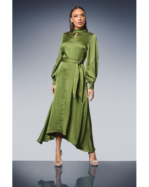 PRINCIPLES Green Tie Waist High Neck Satin Midi Dress