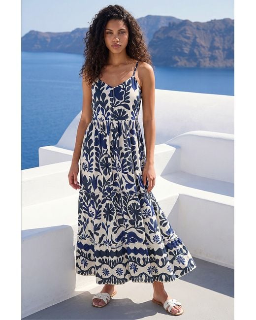 Roman Blue Petite Print Strappy Button Midi Dress