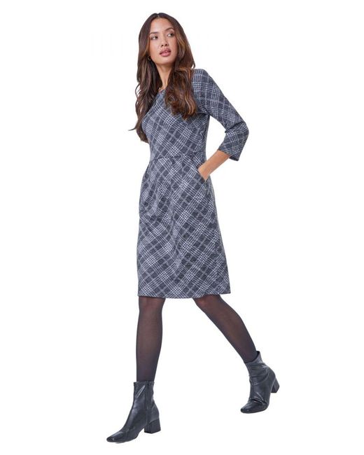 Roman Blue Checked Pleat Front Shift Dress