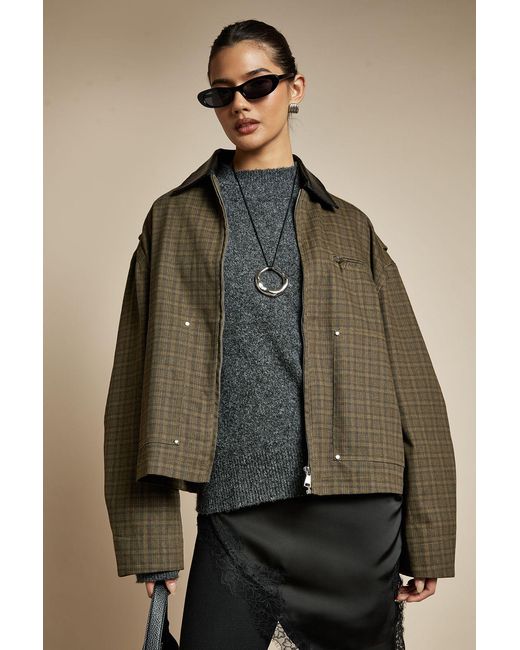 Boohoo Natural Check Zip Jacket With Contrast Collar