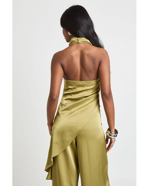 Boohoo Green Satin Cowl Neck Asym Hem Top
