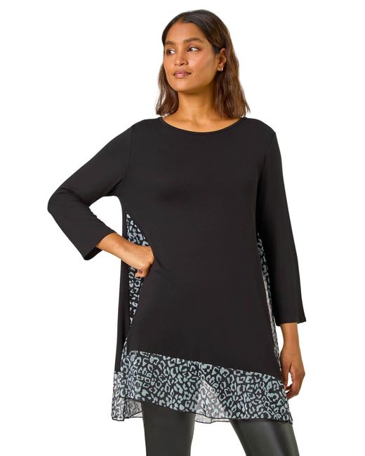 Roman Black Animal Print Contrast Mesh Hem Stretch Top