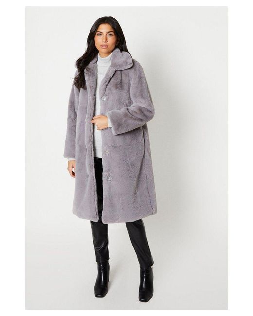 Wallis Gray Plush Faux Fur Button Thru Longline Coat