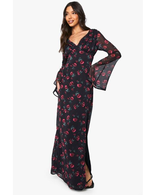 Boohoo Blue Floral Chiffon Plunge Maxi Dress