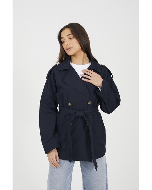 Brave Soul Blue Double Breasted Short Mac With Self Tie Belt
