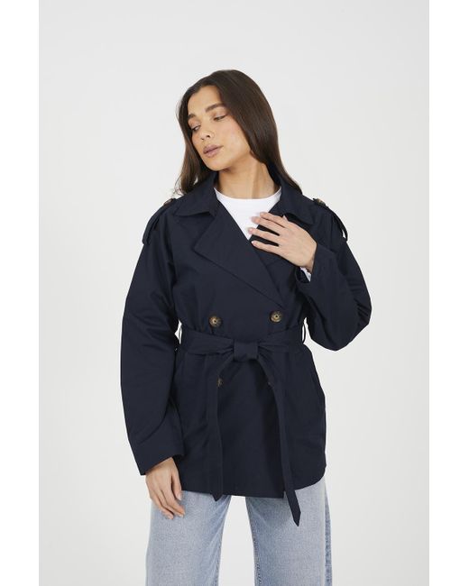 Brave Soul Blue Double Breasted Short Mac With Self Tie Belt