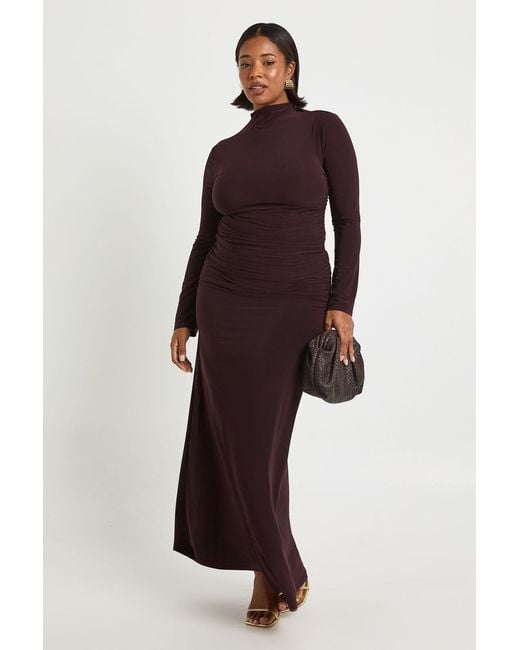 Boohoo Brown Plus Ruched Long Sleeve Top And Column Skirt