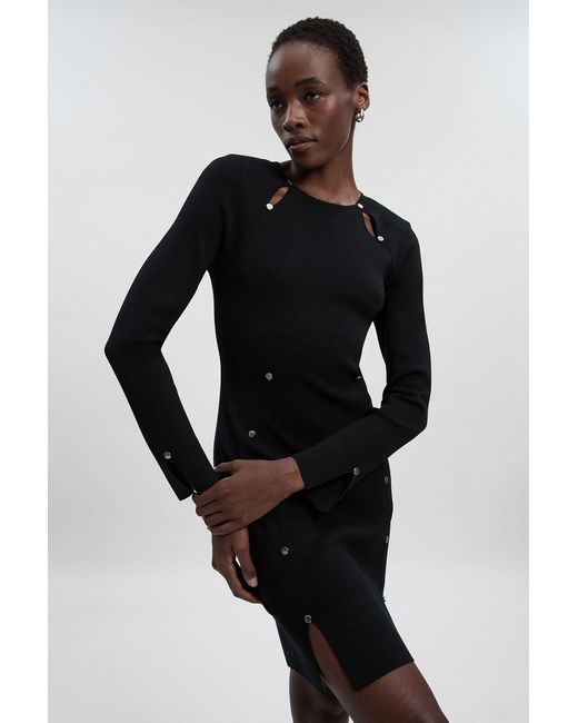 Karen Millen Black Tall Viscose Blend Stud Keyhole Detail Knit Mini Dress