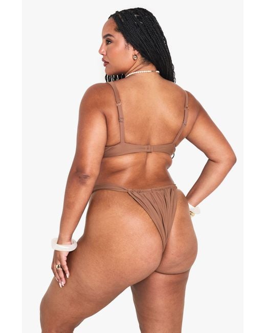 Boohoo Brown Plus Shell Trim Ruched Tanga Bikini Bottoms