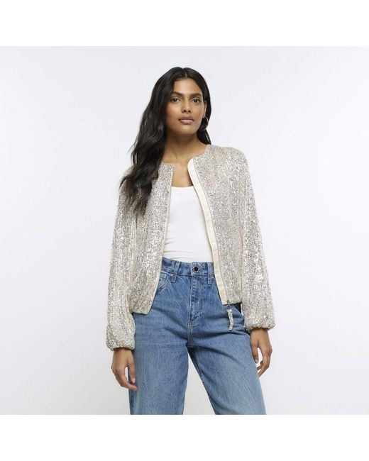 River Island Blue Bomber Jacket Silver Sequin Zip Up