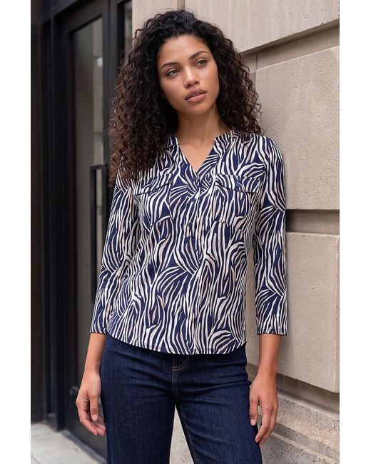 Roman Blue Petite Animal Print Button Top