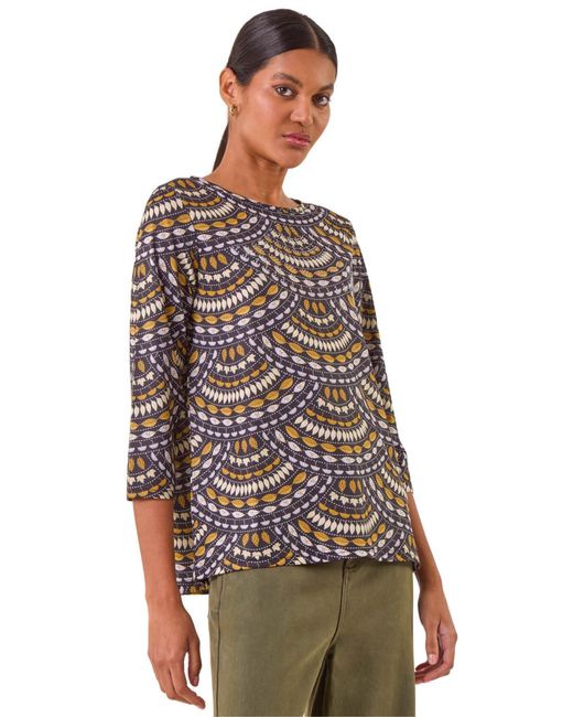 Roman Yellow Embellished Leaf Print Top