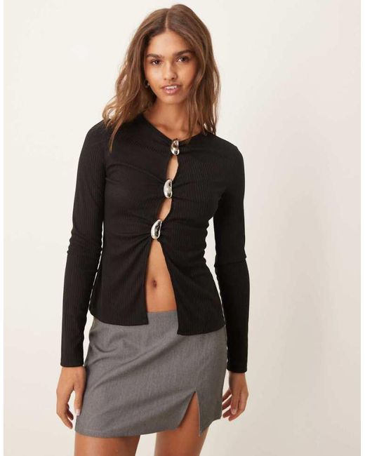 ASOS Black Rib Long Sleeve Top With Buttons
