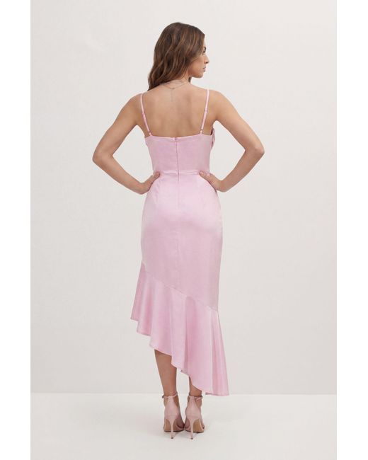 MissPap Pink Premium Satin Draped Bust Frill Hem Midi Dress