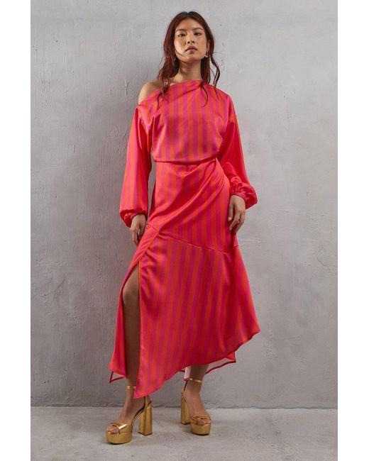 Warehouse Red Off Shoulder Satin Stripe Midi Dress