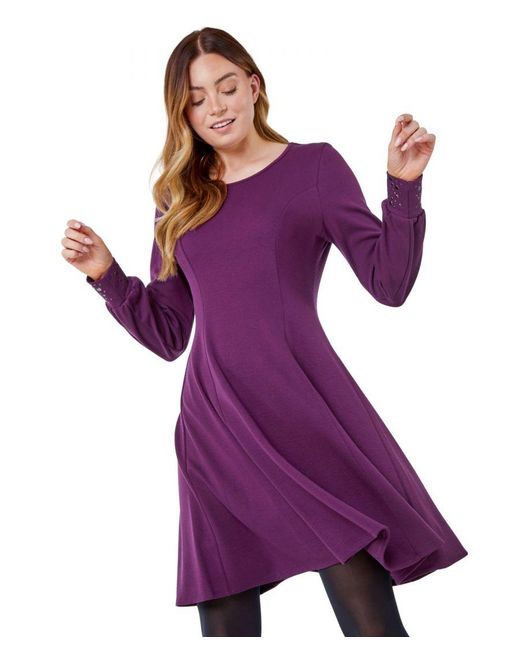 Roman Purple Embellished Cuff Skater Dress